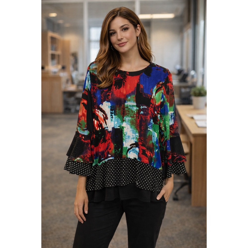 Calessa Black Polka Dot Top Mix Print Medium Art To Wear Ruffle Bell Sleeve